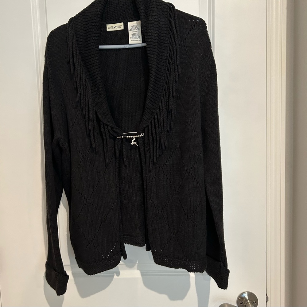 Black fringed collared sweater by White Stag.